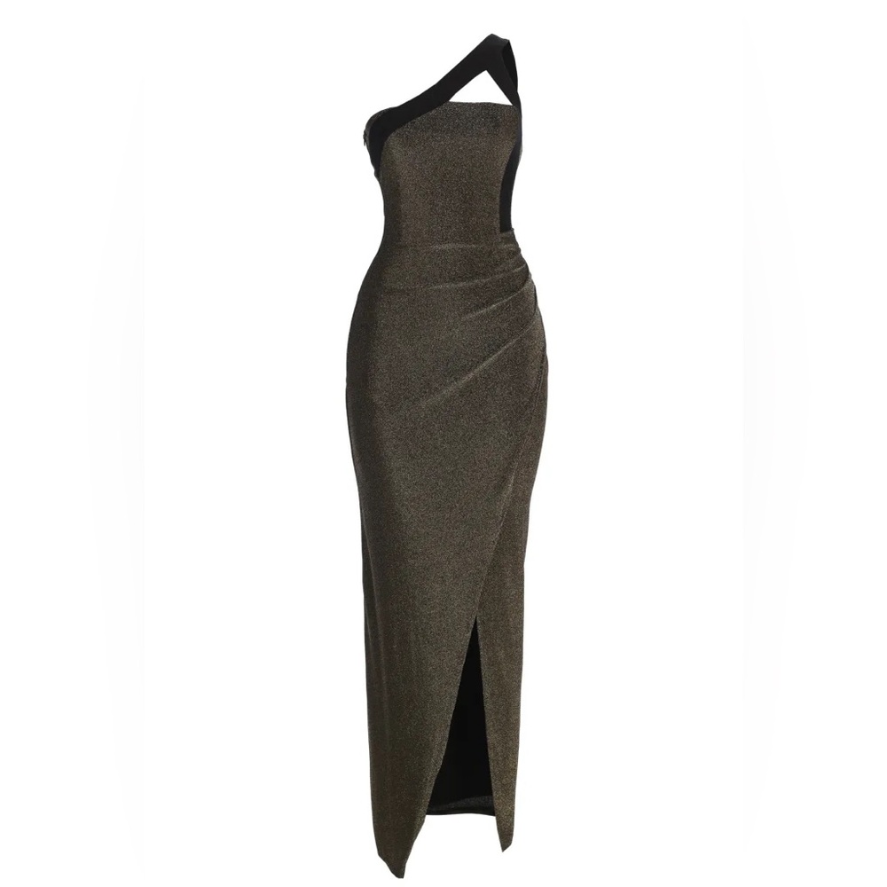 JLUXLABEL Metallic Gold/Bronze w/ Black trim - One shoulder Maxi with Front Slit
